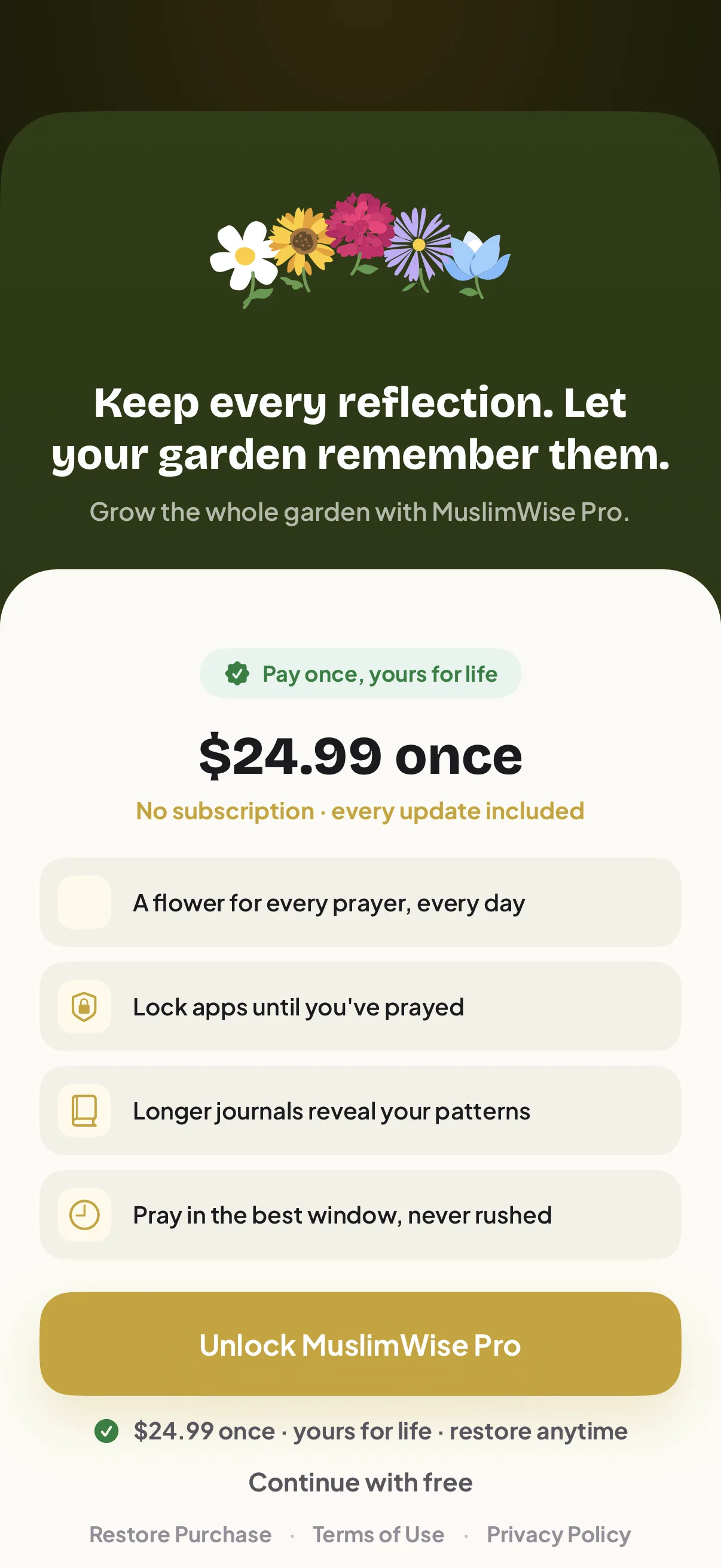 Paywall — shown after the first bloom, one-time lifetime purchase