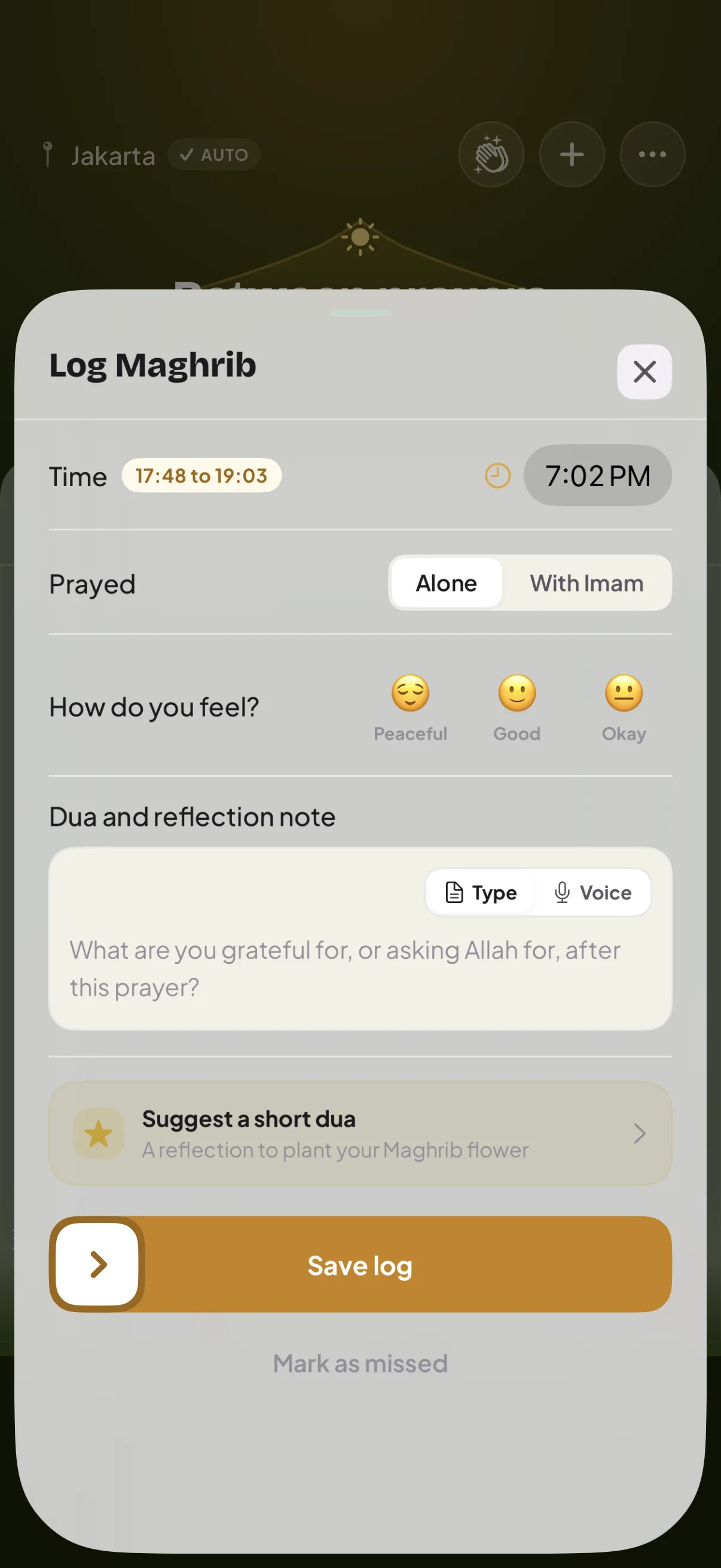 Adaptive prayer card — late-logged state
